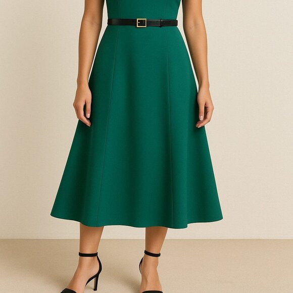 Calvin Klein Emerald Green Fit & Flare Midi Dress with Belt - Picture 2 of 3